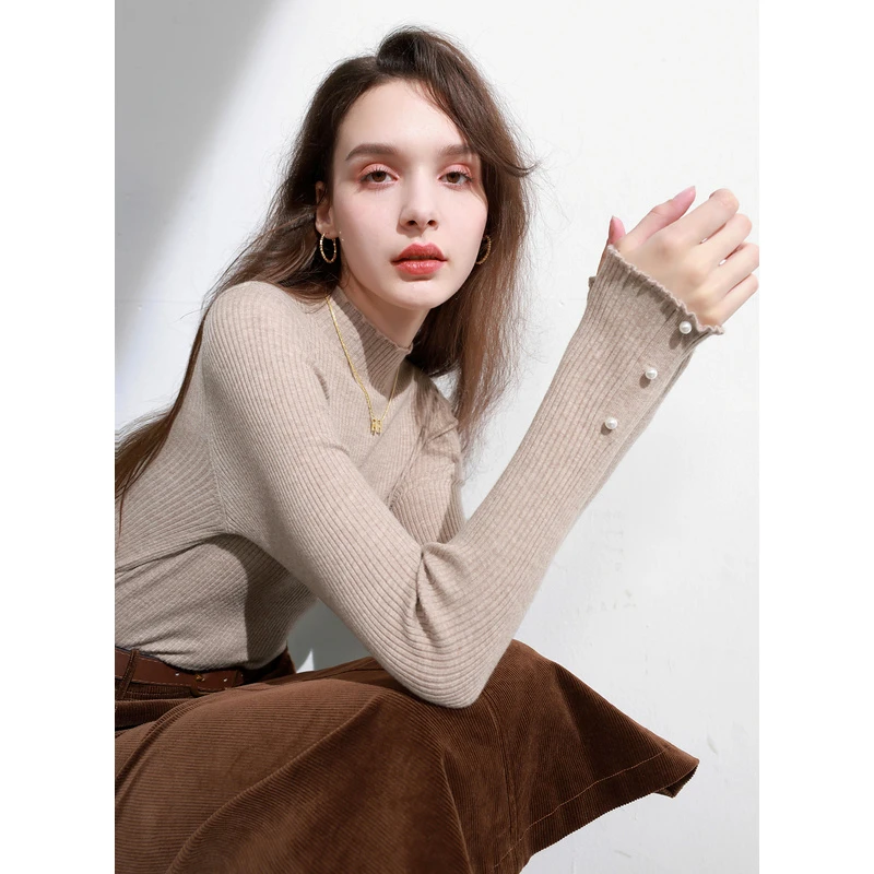 三彩2023冬季新款纯色坑条针织衫木耳边立领修身打底内搭简约女