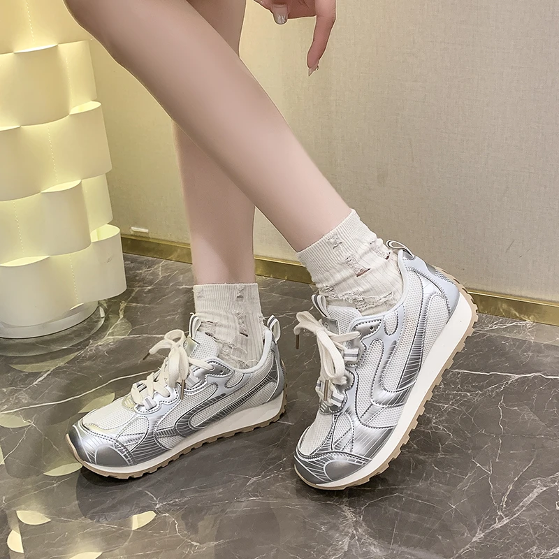 银色阿甘鞋百搭女新款夏季透气网面鞋百搭超火小众厚底休闲运动鞋