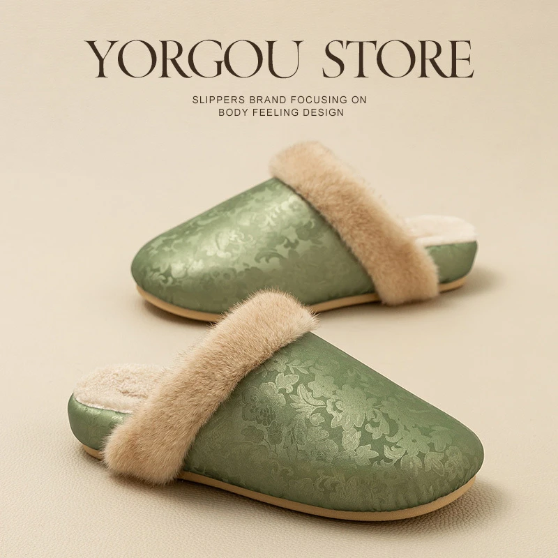 国风新中式防水棉拖鞋女毛绒秋冬居家室内防滑加绒保暖棉拖鞋冬天