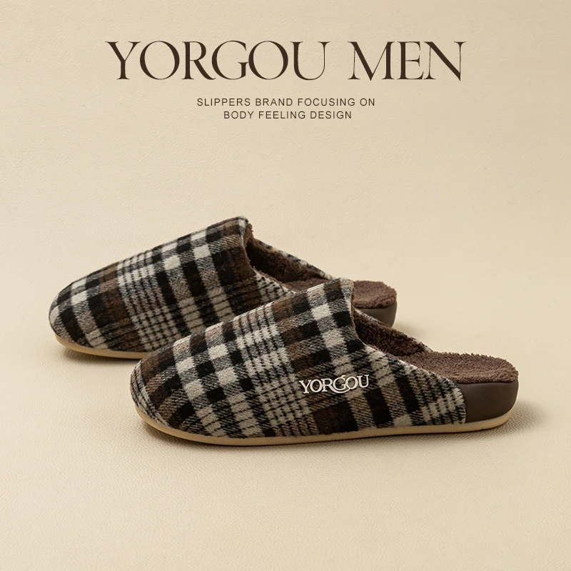 格子加绒加厚棉拖鞋情侣女士男士新款冬季室内防滑保暖居家软底