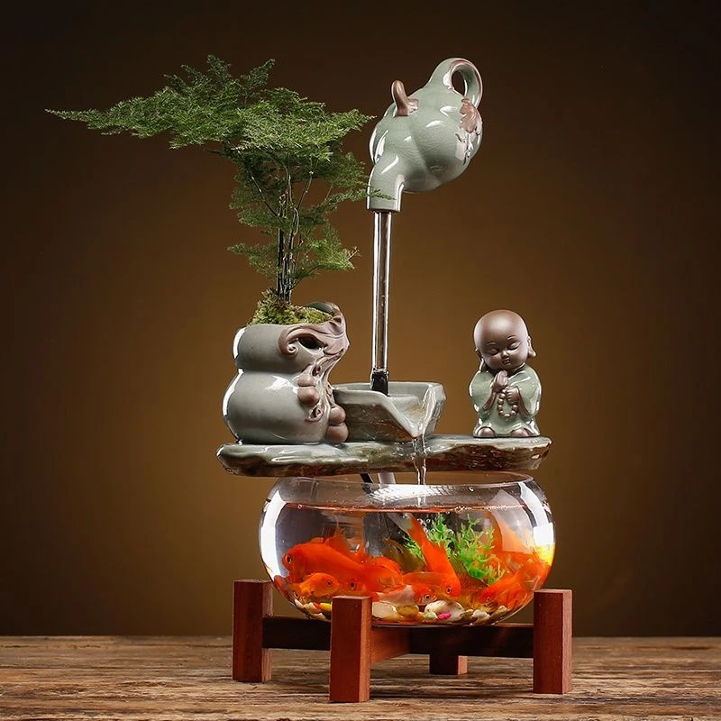 传统流水摆件实木装饰喷泉桌面透明玻璃鱼缸生财景观开业乔迁礼品
