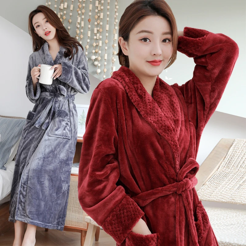 秋冬拼接款睡袍女加绒加厚睡衣男加肥加大码珊瑚绒浴袍情侣起居服