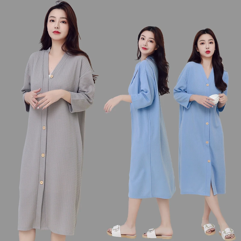 韩版睡裙女气质显瘦连衣裙大码开衫夏季宽松中长款过膝睡衣可外穿