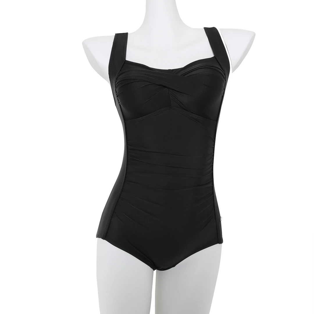 新宇新品/褶皱黑宽肩带平角修身显瘦竞速款连体泳衣