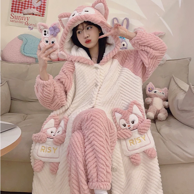 女士睡衣2024年新款睡袍珊瑚绒冬可爱卡通加厚加绒法兰绒家居服