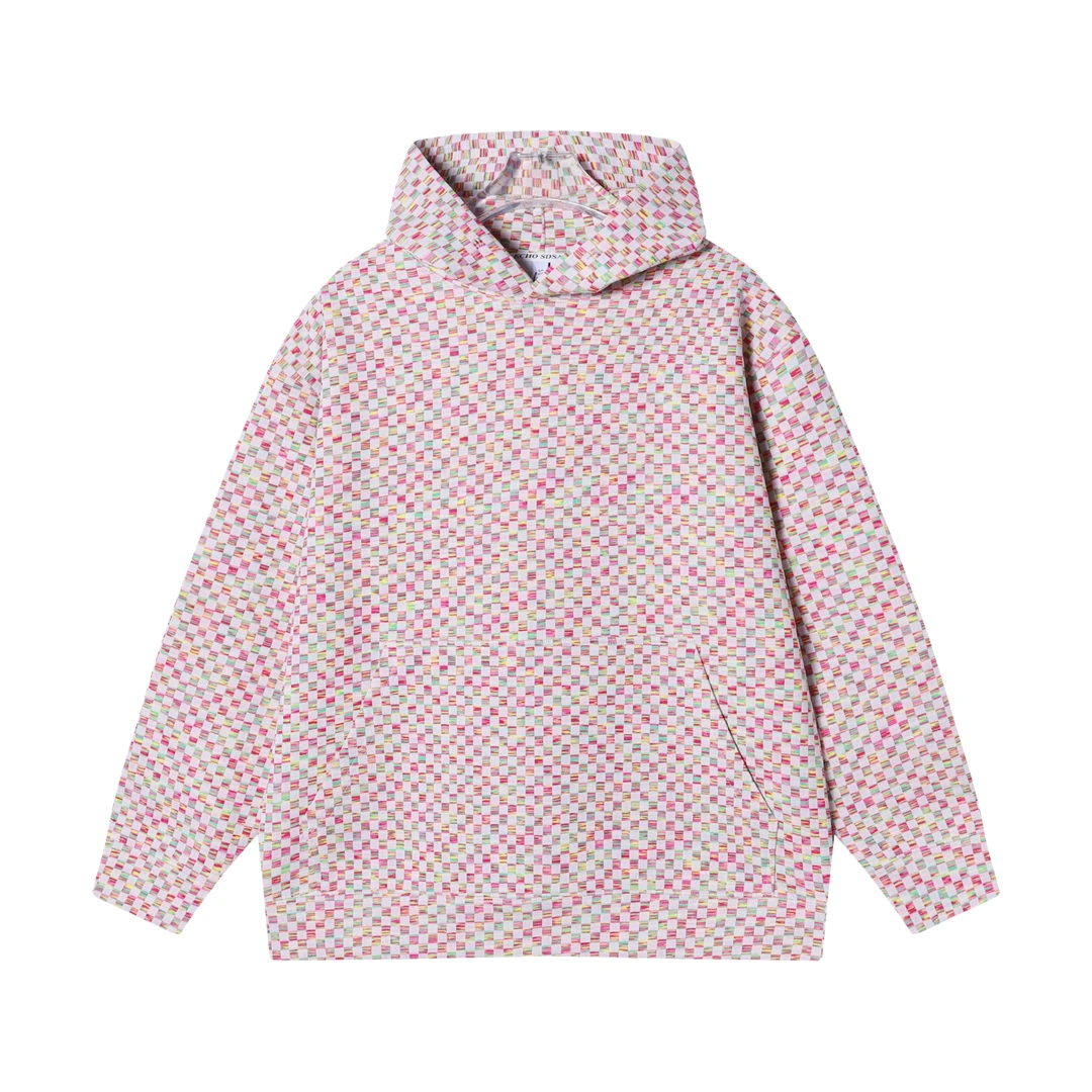 WY257秋冬季新款美式潮牌小香风针织撞色格子连帽卫衣男女同款