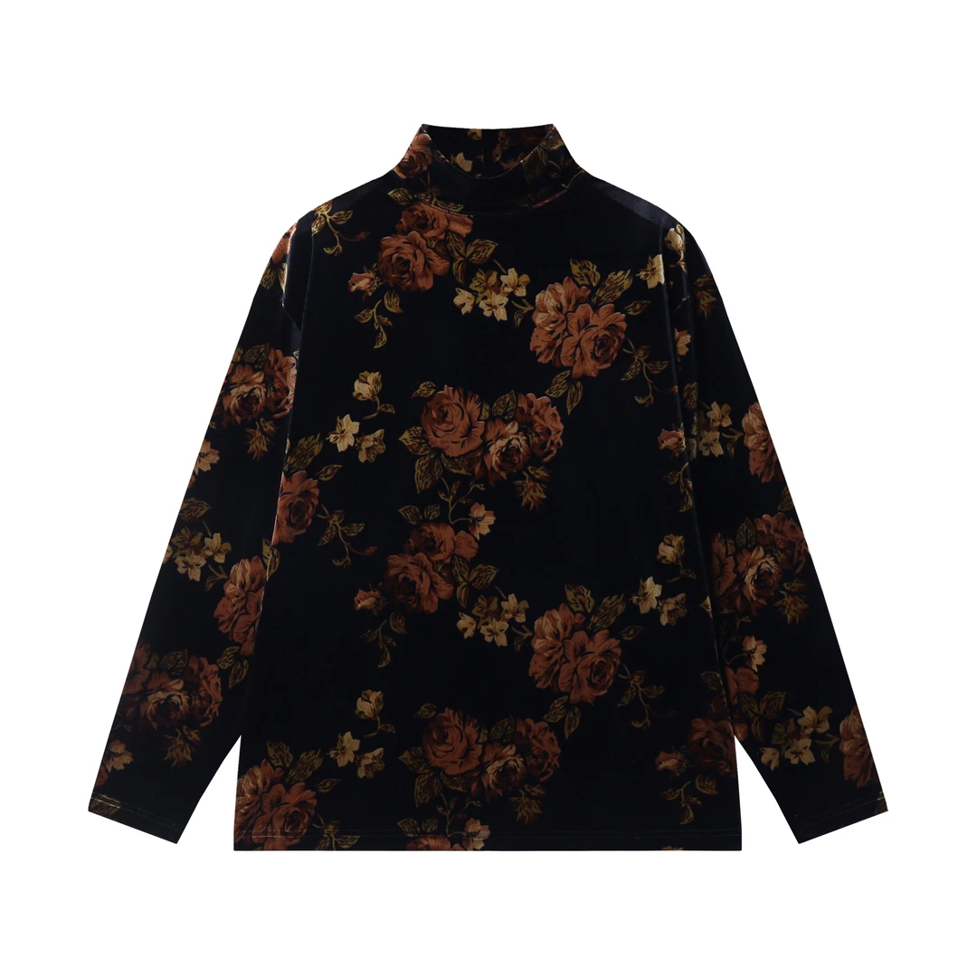 秋冬季新款时尚个性撞色绒面玫瑰花纹半高领长袖T恤国风百搭复古