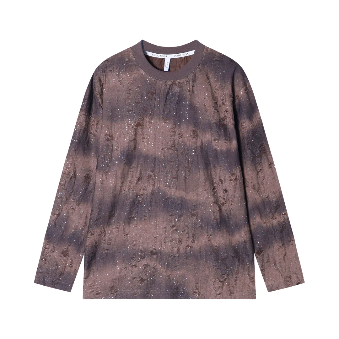 T1695新款个性时尚扎染渐变圆领长袖磨破设计小众百搭宽松上衣