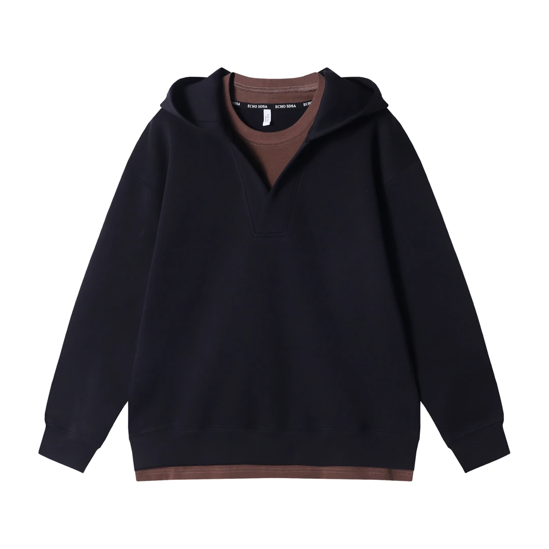 WY565时尚个性撞色套头连帽假两件卫衣休闲百搭宽松上衣