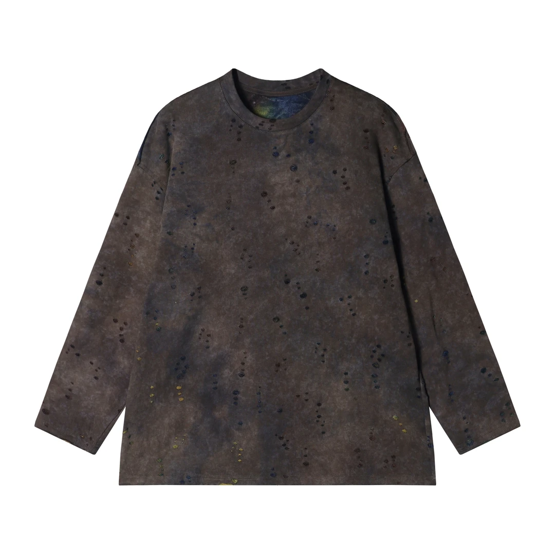 T1859时尚个性扎染磨破设计圆领套头长袖T恤复古宽松复古上衣