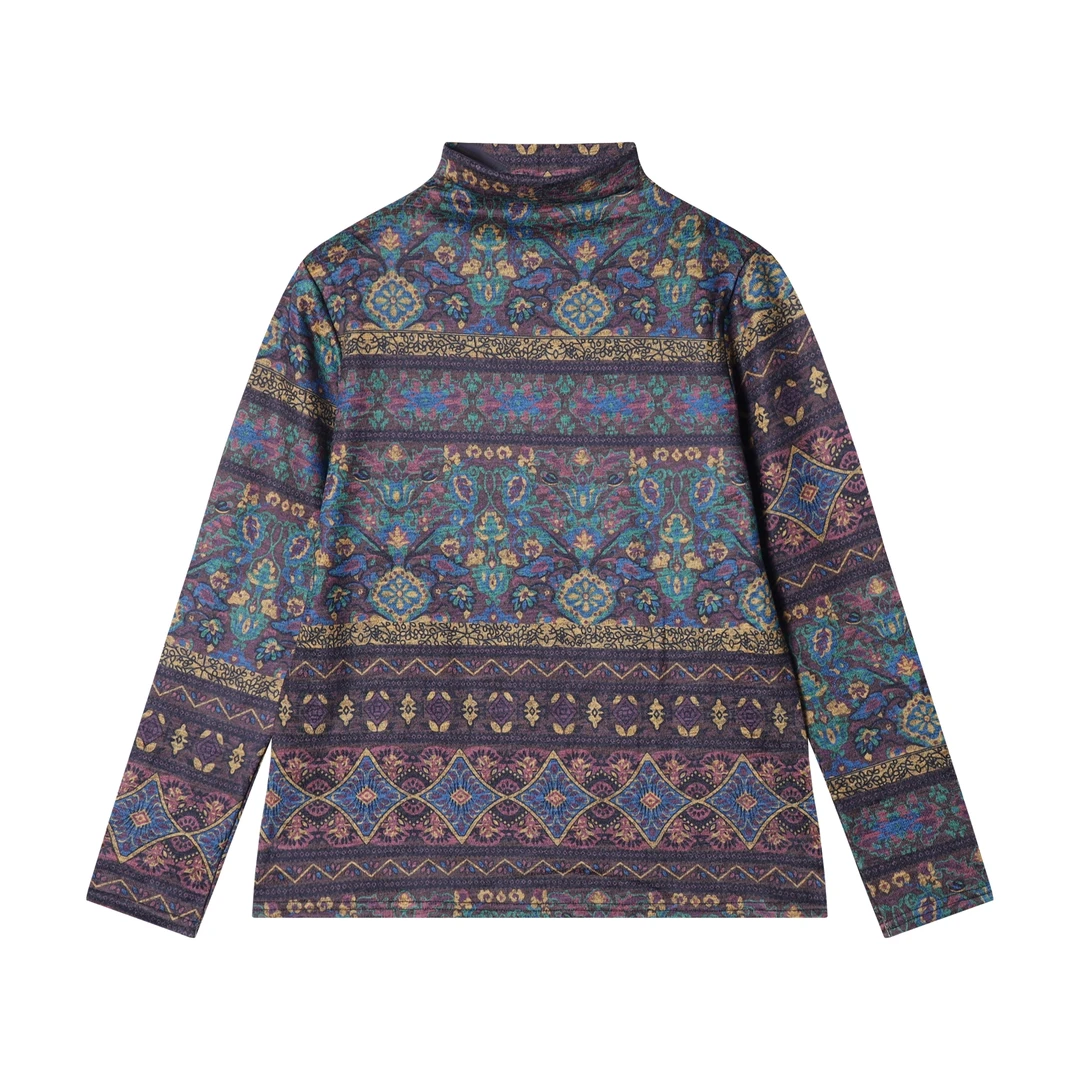 T1942新款时尚个性日系半高领撞色印花上衣休闲百搭民族风