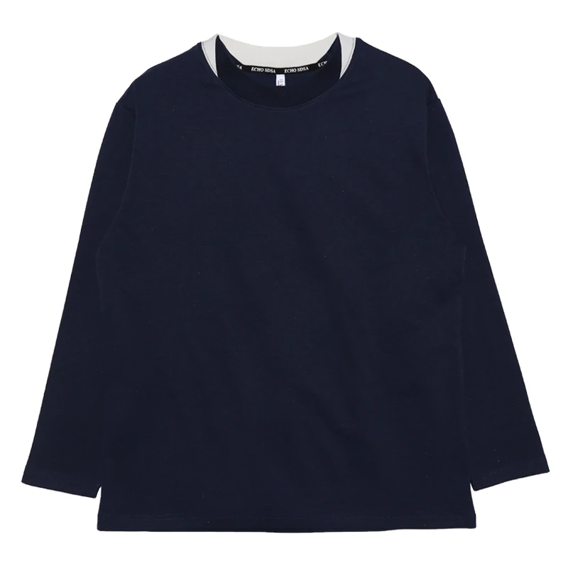 T486早春新款纯色领口拼色个性设计百搭时尚宽松圆领长袖T恤