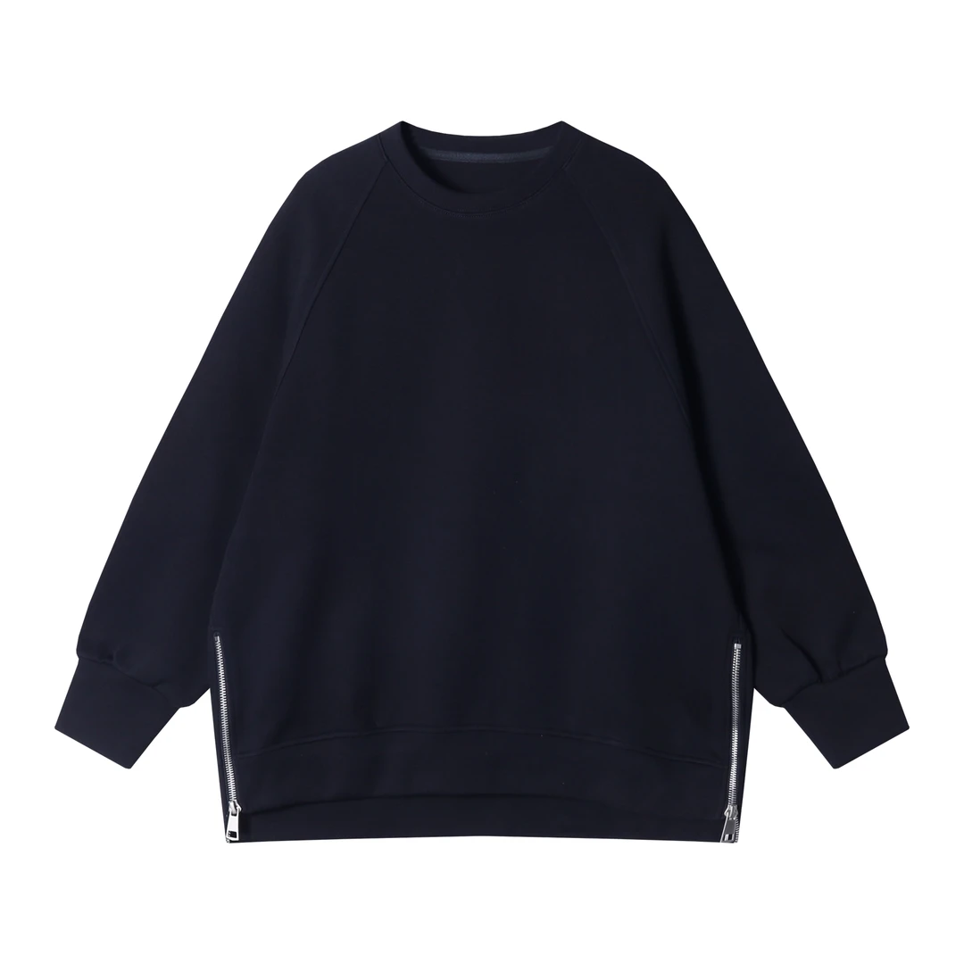 时尚个性下摆双拉链设计小众纯色圆领套头卫衣百搭休闲WY609