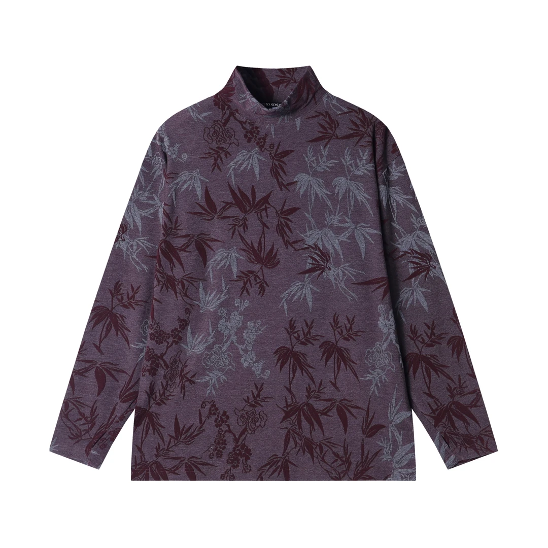 秋冬季新款时尚个性美式撞色提花半高领长袖T恤国风百搭上衣