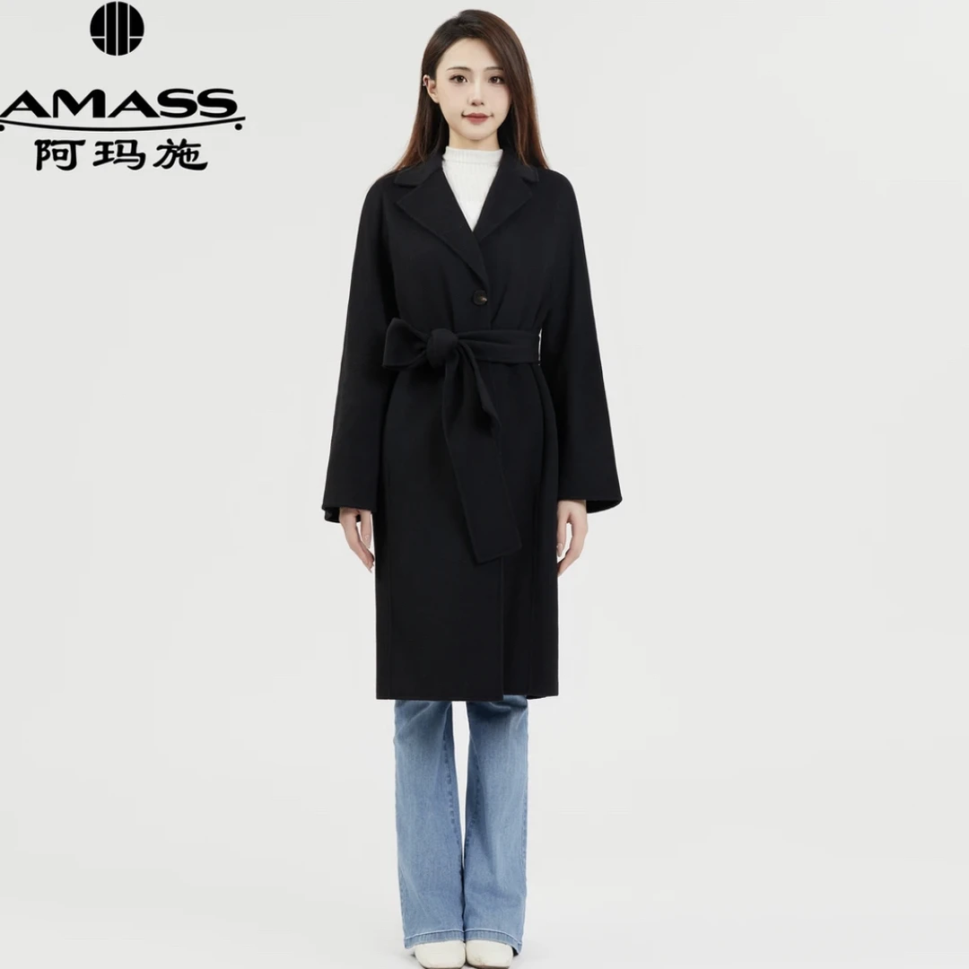 阿玛施双面呢大衣附赠腰带5400515中长款黑色气质系带韩版百搭