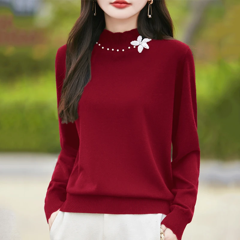 哥弟阿玛施正品秋冬半高领针织毛衣女士宽松内搭精纺羊毛打底上衣