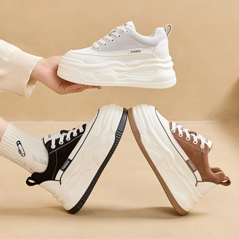 增高8CM真皮2024秋冬新款平底保暖增高厚底加绒爆款百搭小白鞋女