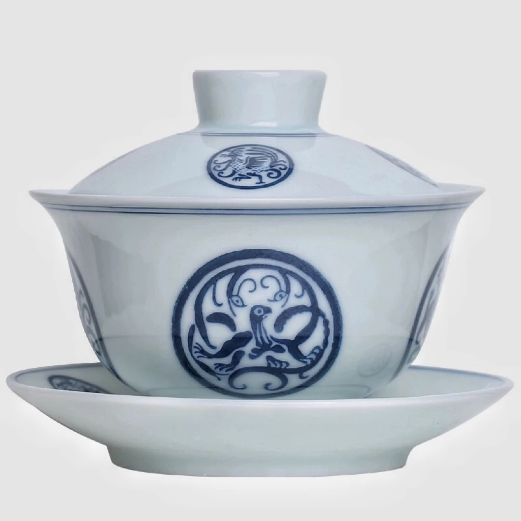 青花三才盖碗泡茶碗高档功夫茶具家用中式茶盖碗釉下彩瓷盖碗复古