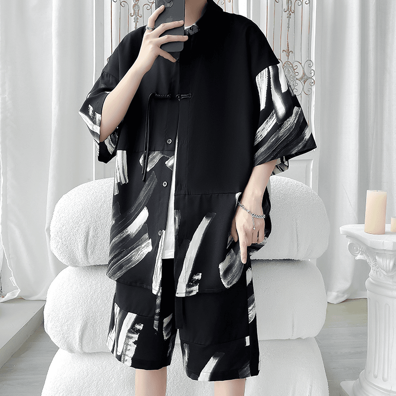 GEXU戈旭夏季新中式垂感短袖衬衣凉感拼接宽松短裤休闲套装TZ2344