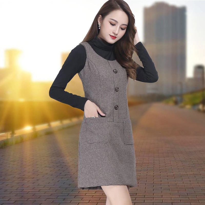 连衣裙女千鸟格无袖背心马甲裙女装秋季新款修身打底裙大码包臀裙