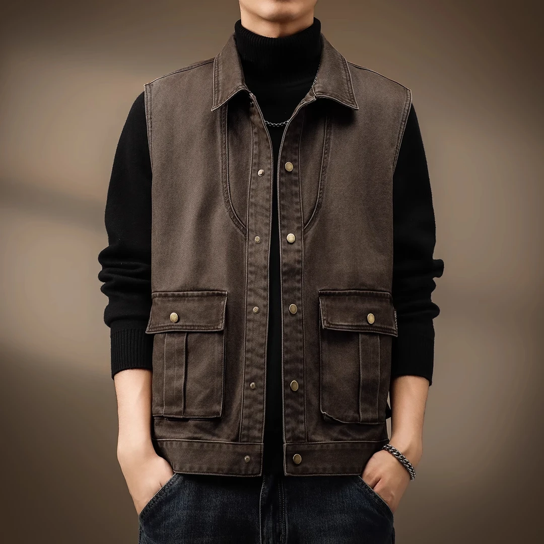 Cebrodz高端美式翻领无袖马甲男秋季新款户外复古工装外套男休闲