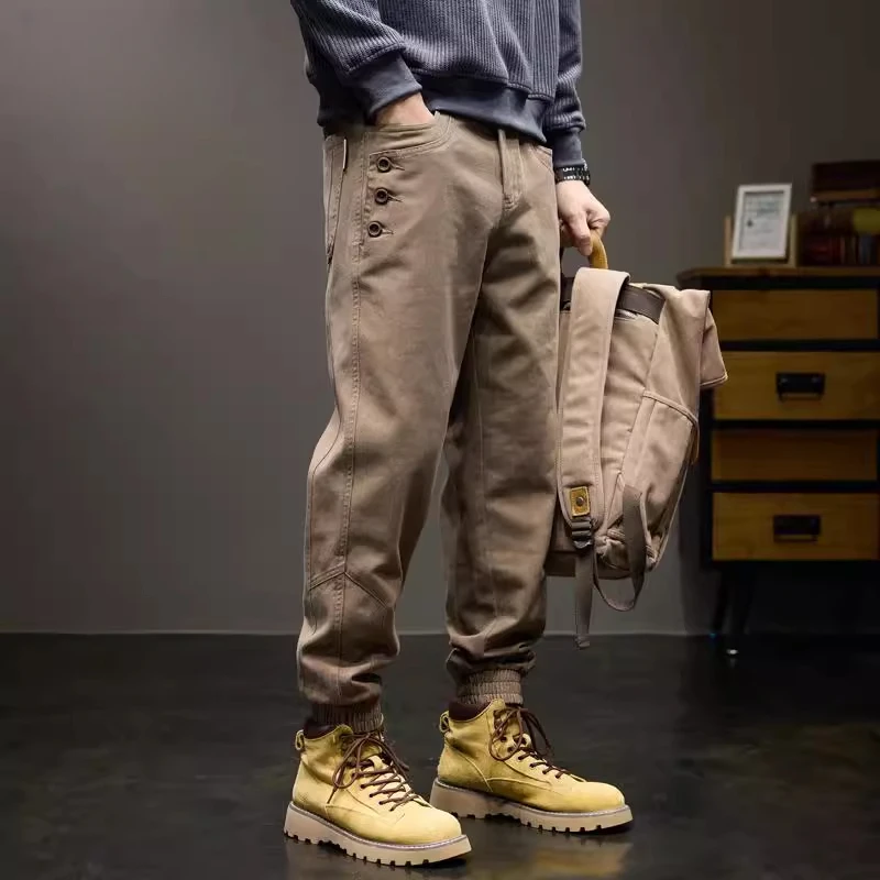 Cebrodz美式复古洗水做旧排扣休闲裤秋季新款宽松潮牌束脚哈伦裤