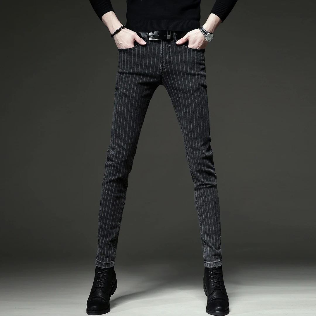 【Cebrodz】高端牛仔裤男条纹韩版修身弹力小脚休闲长裤033