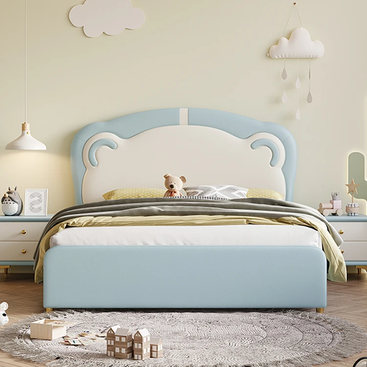 现代简约小户型儿童青少年女孩公主奶油风卧室男孩单人卡通真皮床