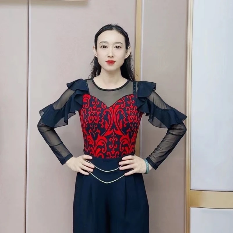 吉特巴摩登交谊舞气质长袖荷叶边舞衣广场舞服女练习上衣A0450