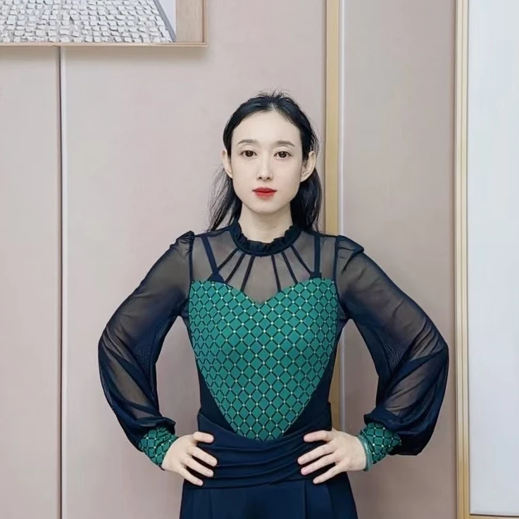 欢舞阁摩登交谊舞时尚吉特巴广场舞圆领气质长袖舞蹈服女A0647