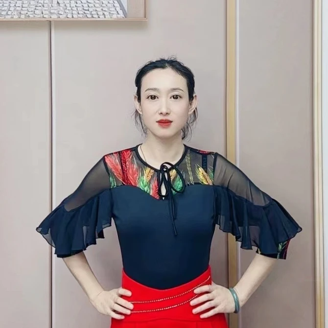 网纱袖欢舞阁摩登双人舞交际舞广场舞网纱短袖边上衣A0434