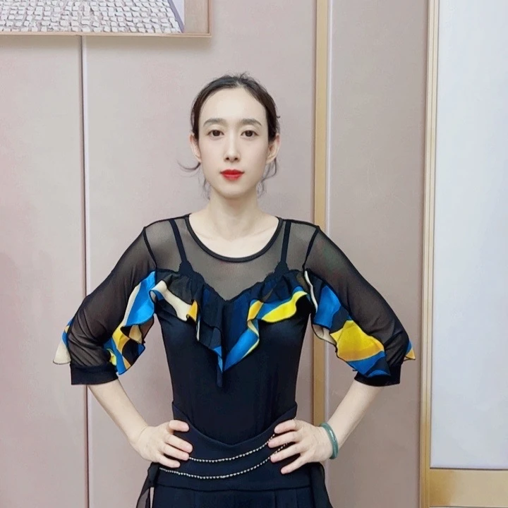满天星吉特巴双人舞蹈服装女交际舞摩登舞圆领上衣A0537