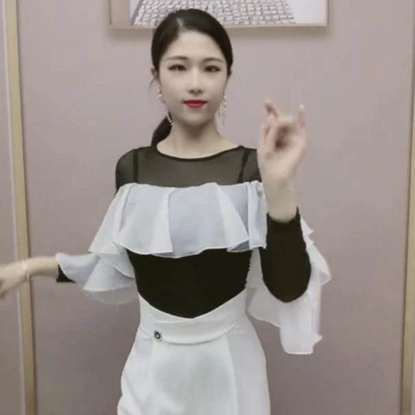摩登吉特巴广场舞三步踩交谊舞圆领荷叶边显瘦夏修身舞蹈服A0454