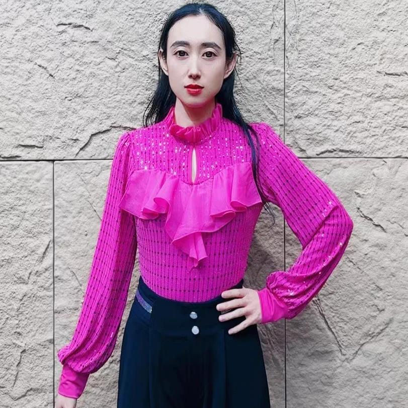 欢舞阁吉特巴摩登舞气质女士镂空交际舞广场舞亮片长袖舞衣A0506