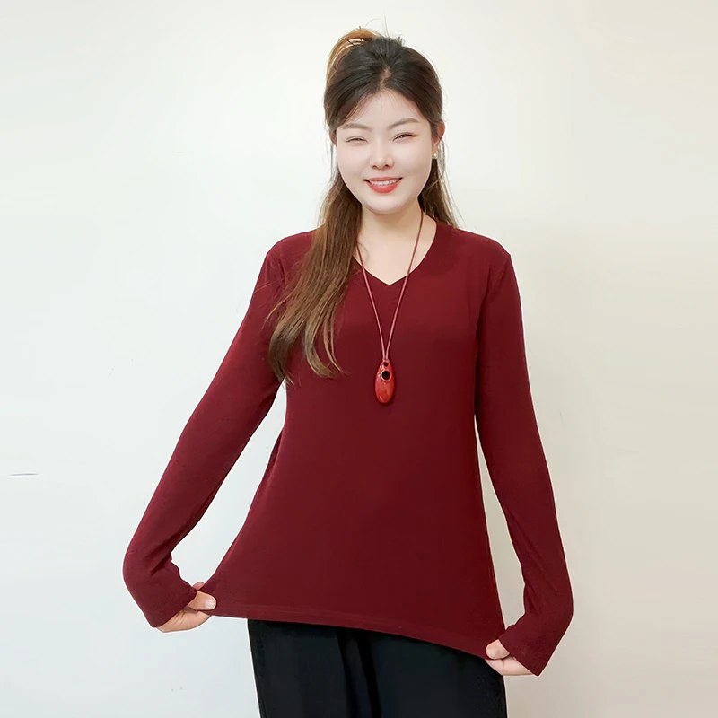 棉俏妃2024秋冬新款高端双面澳绒打底衫V领气质大码女装显瘦上衣