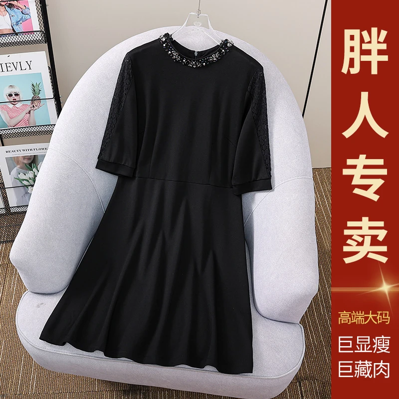 棉俏妃3303夏季新款赫本风显瘦小黑裙时尚钉珠气质五分袖连衣裙