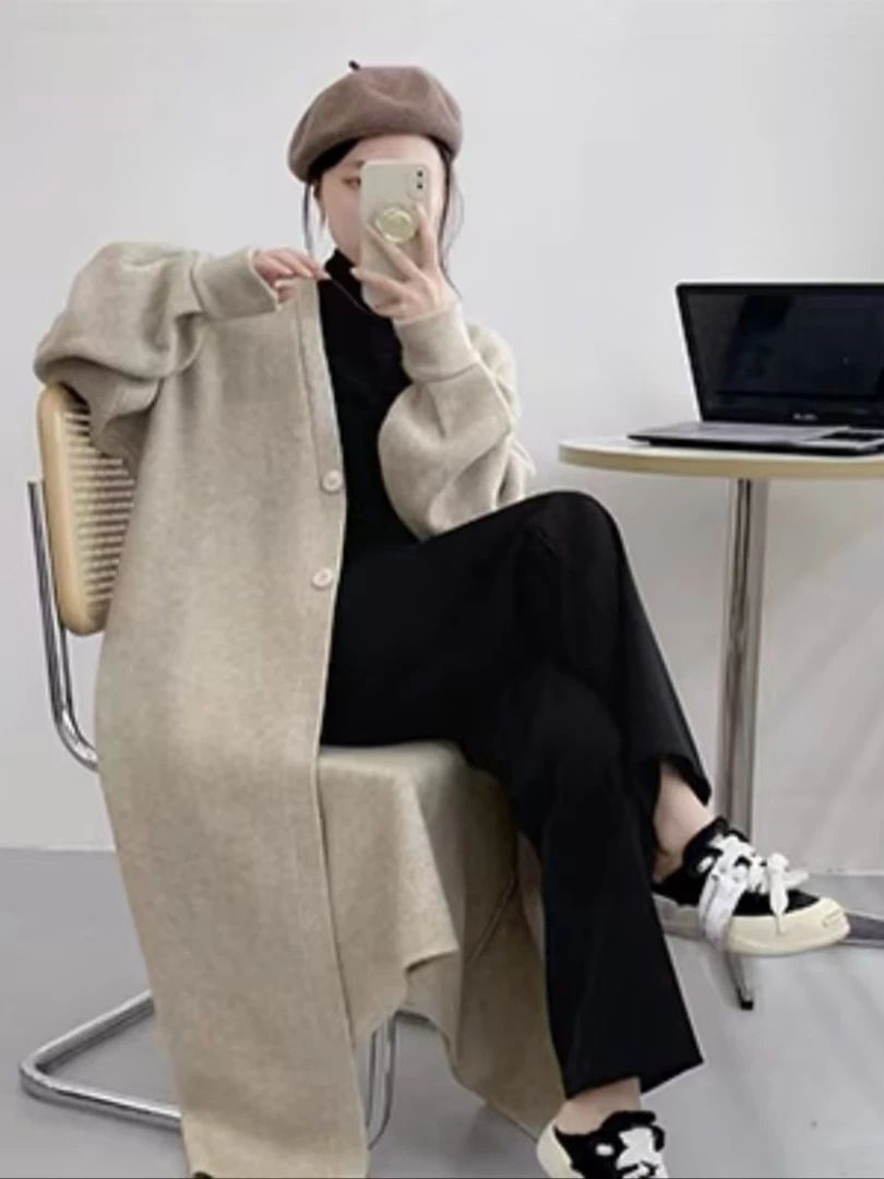 秋冬新款针织开衫宽松过膝加长款毛衣外套韩系慵懒风休闲百搭外搭