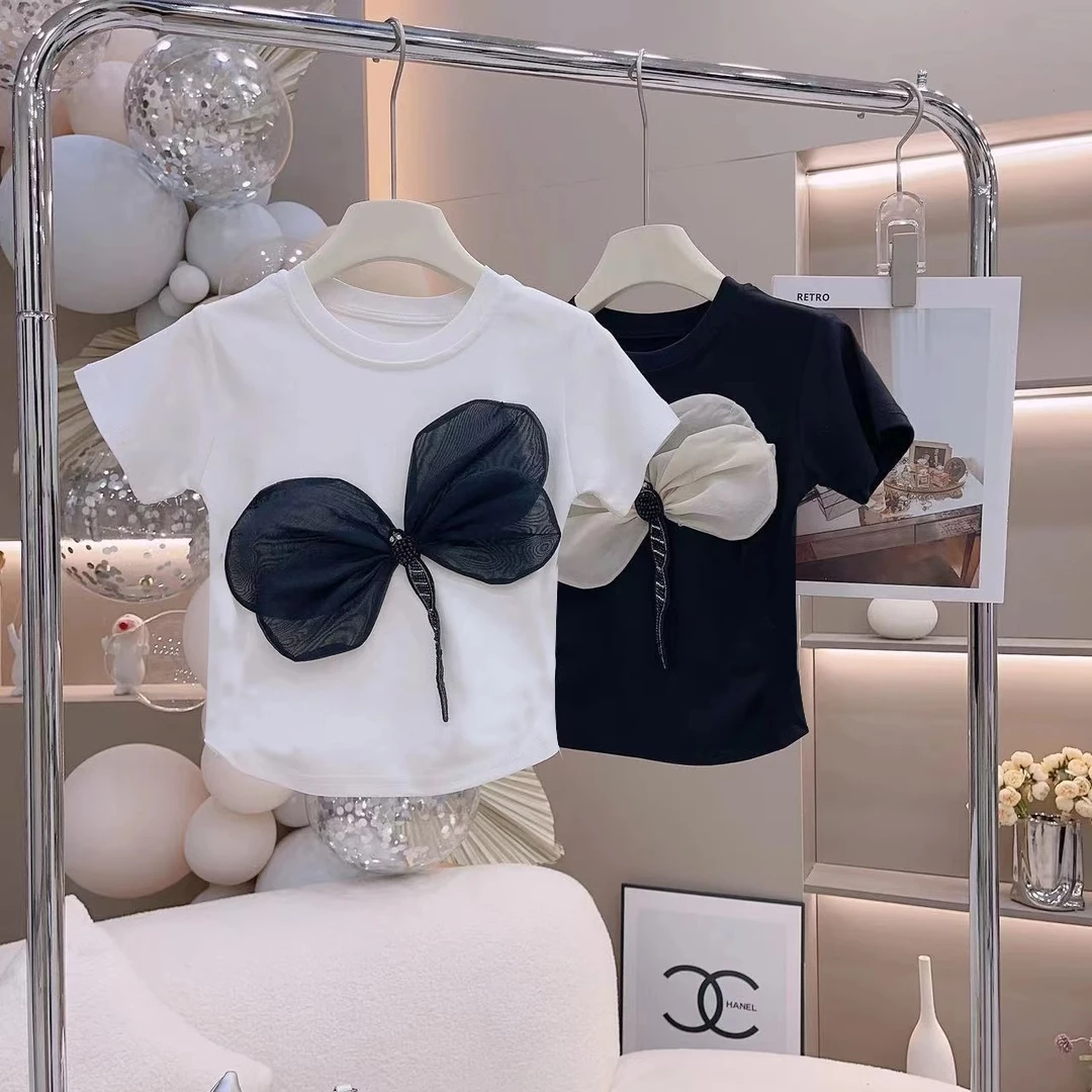 女童大蝴蝶结短袖T恤2024夏季新款中大童网红洋气上衣女宝宝夏装