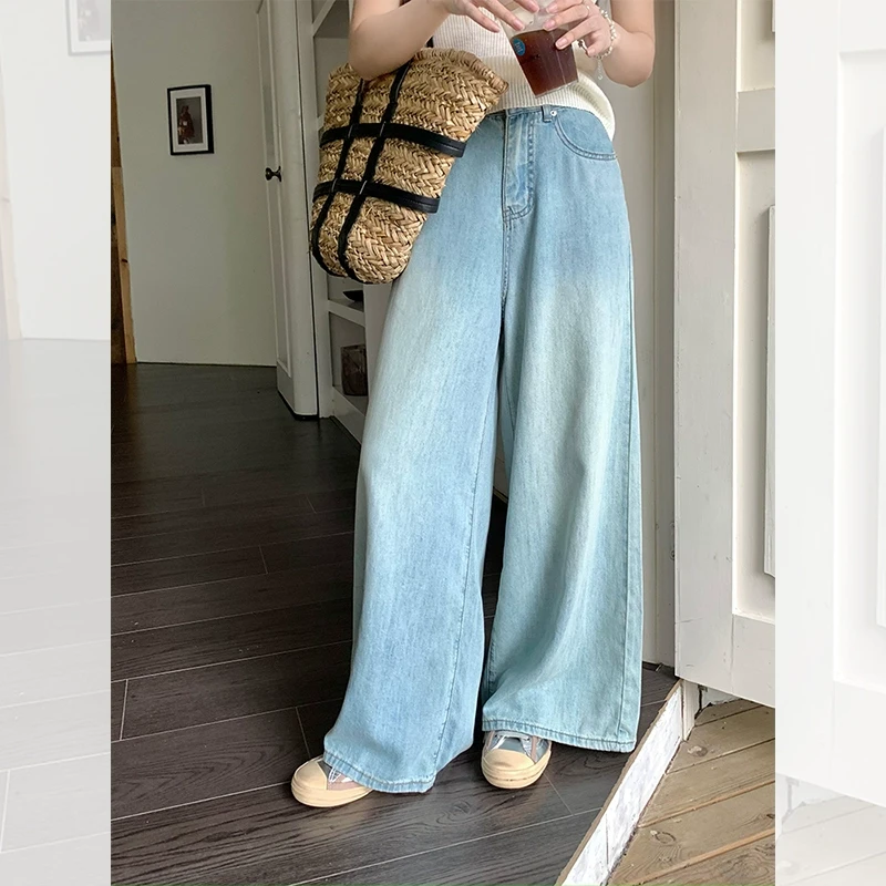 【年终回馈】乌77通勤蓝色高腰阔腿牛仔裤女宽松显瘦垂感拖地裤秋