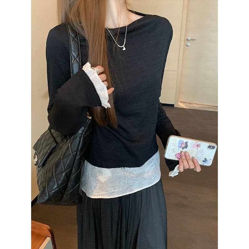 【年终回馈】乌77纯欲假两件拼接肌理圆领长袖t恤女修身内搭打底衫