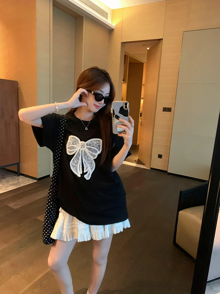 【捡漏专场】乌77蕾丝蝴蝶结刺绣短袖t恤女宽松休闲圆领上衣夏季