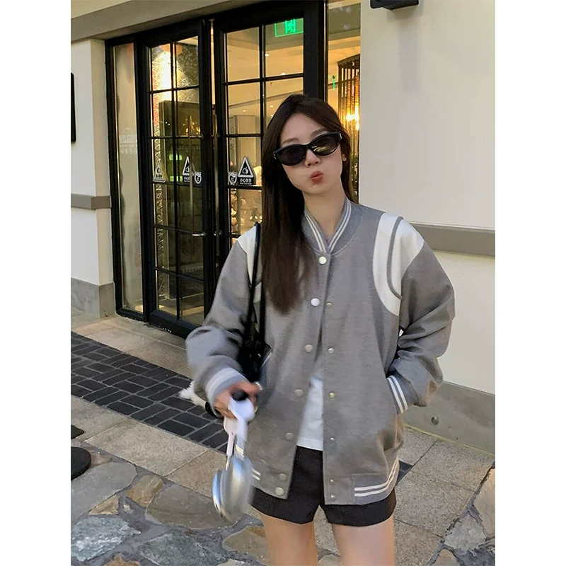 【年终回馈】乌77美式学院风棒球服外套女休闲百搭撞色设计圆领上衣