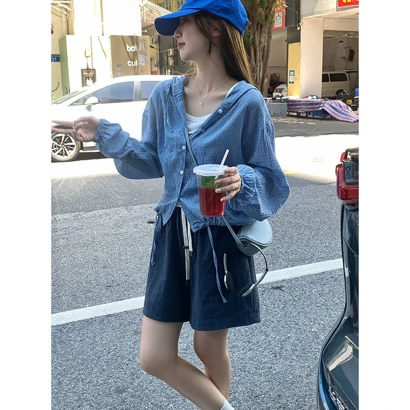 【年终回馈】乌77防晒套装女连帽防晒衬衣爱心小熊印花吊带两件套