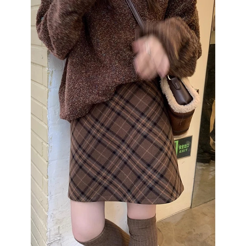 【年中回馈】 美式复古撞色格纹毛呢半身裙女高腰显瘦百搭a字包臀
