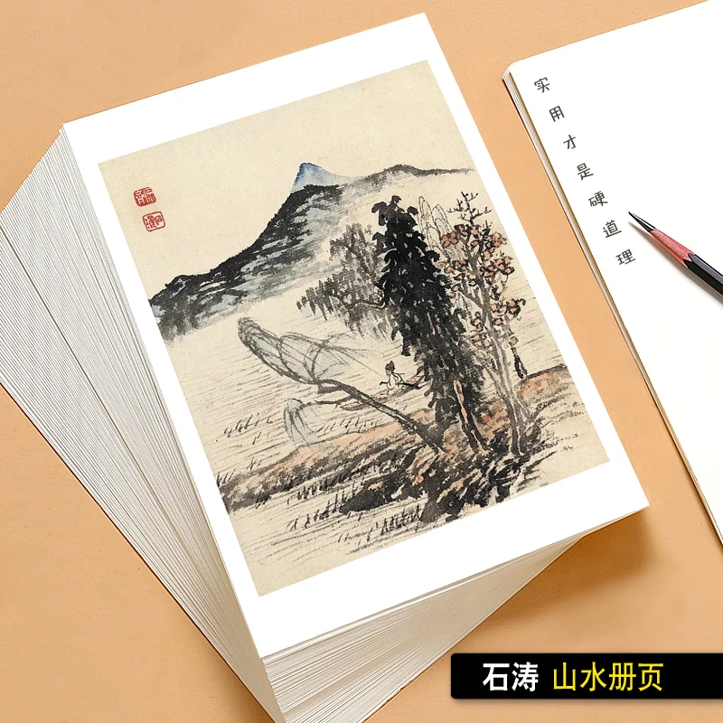 国画临摹卡石涛山水小品册页水墨画初学者艺术培训高清印刷48张