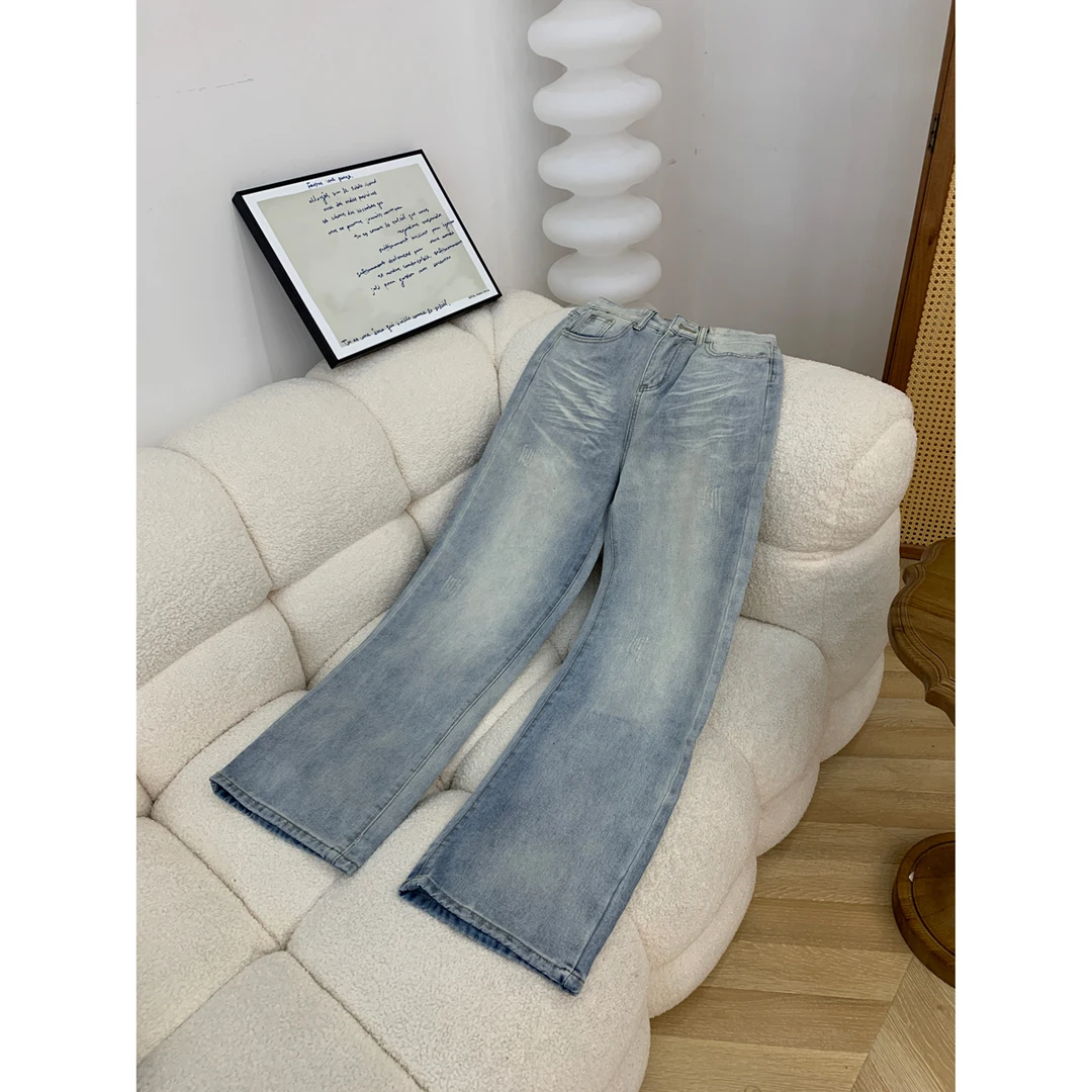 复古水洗蓝牛仔裤美式抓纹设计感宽松直筒阔腿显瘦百搭长裤子6339