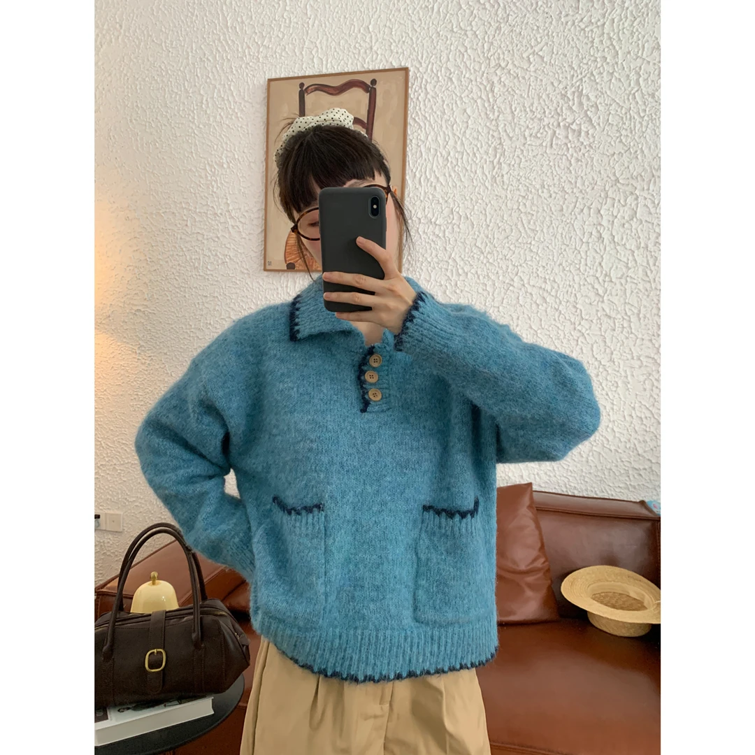 羊毛撞色手工针织POLO衫毛衣女2025秋冬韩版休闲百搭显白复古套头