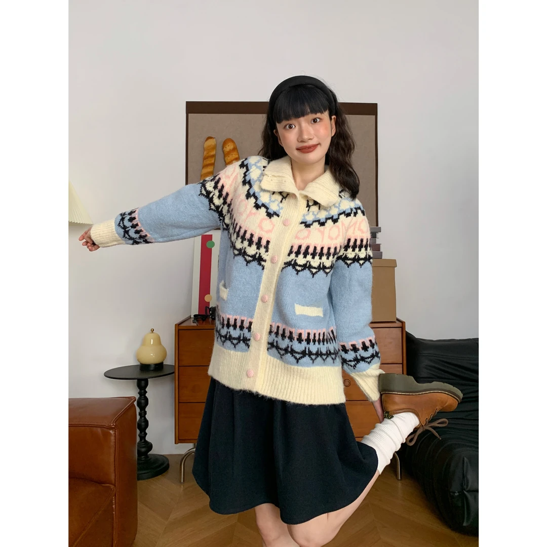 费尔岛提花羊毛软糯显嫩开衫女秋冬新款加厚宽松百搭显瘦毛衣外套