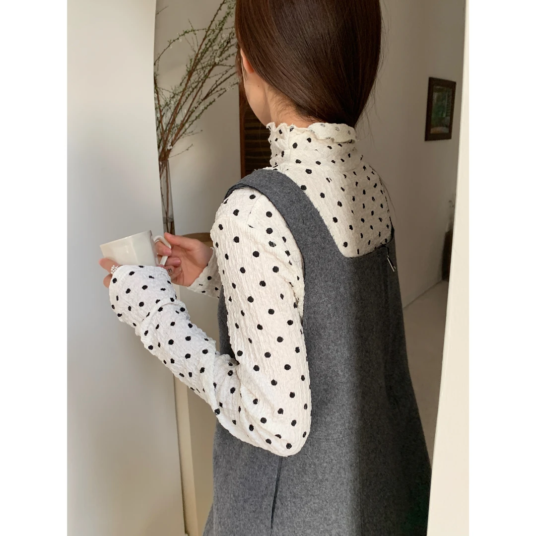 【苏菜萝卜 东方青苍】小众波点叠穿打底衫女木耳边高领长袖T恤上衣