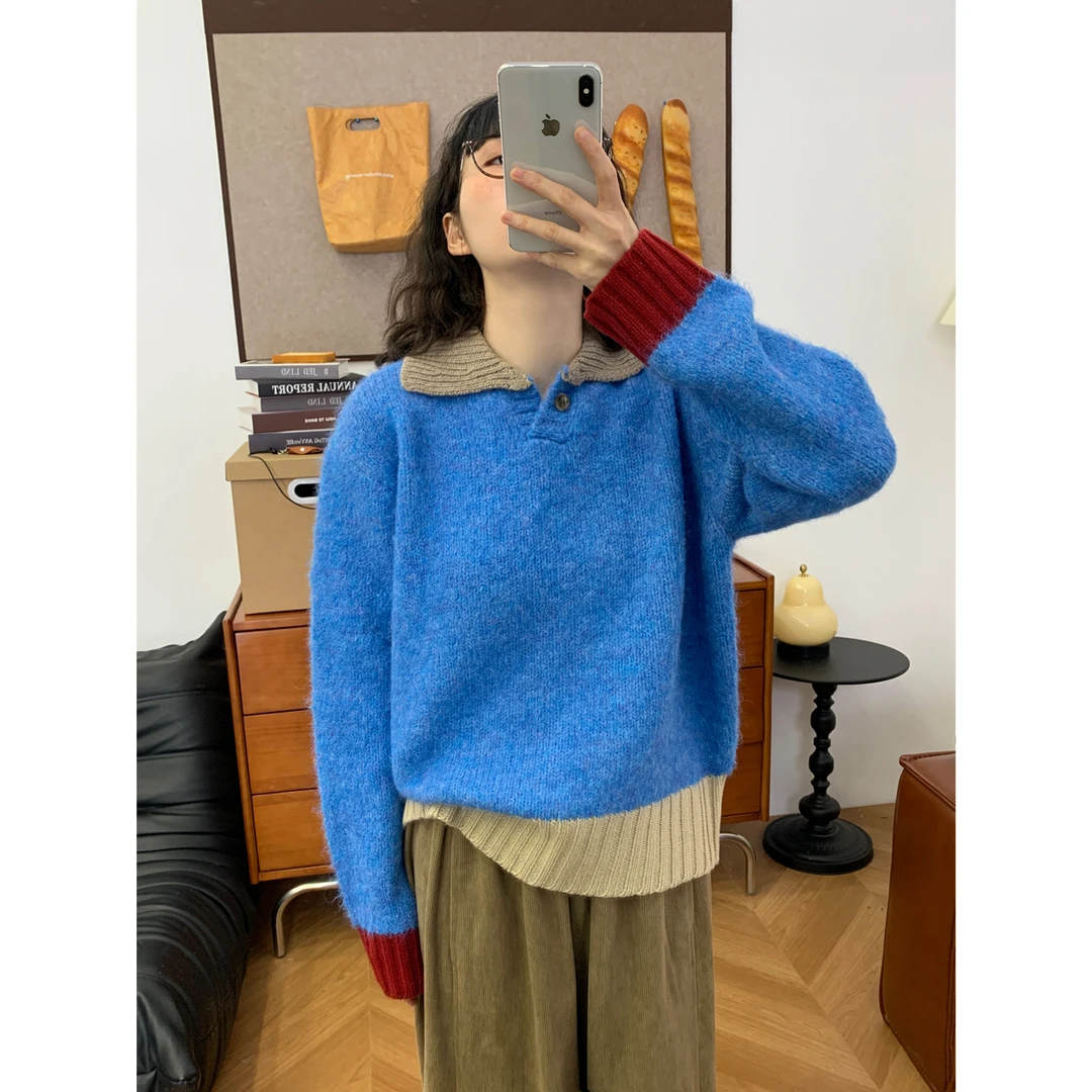 复古显白撞色羊毛翻领毛衣女秋冬新款韩版软糯百搭显瘦针织衫套头